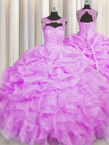 Lilac Ball Gowns Organza Scoop Sleeveless Beading and Pick Ups Floor Length Lace Up 15th Birthday Dress