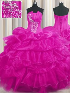 Romantic Pick Ups Ruffled Floor Length Ball Gowns Sleeveless Hot Pink and Fuchsia Quinceanera Dress Lace Up