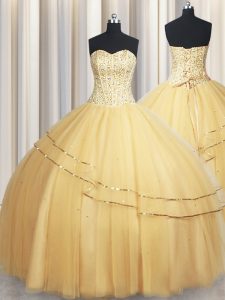 Visible Boning Big Puffy Beading and Ruching Quinceanera Gowns Champagne Lace Up Sleeveless Floor Length