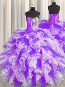 Luxurious Ball Gowns 15 Quinceanera Dress White And Purple Sweetheart Organza Sleeveless Floor Length Lace Up