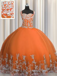 Chic Orange Red Straps Lace Up Beading and Appliques Quinceanera Dress Sleeveless