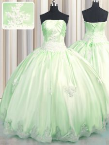 Hot Sale Green Taffeta Lace Up Strapless Sleeveless Floor Length Custom Made Beading and Appliques