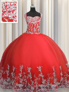 Suitable Coral Red Tulle Lace Up Sweet 16 Dresses Sleeveless Floor Length Beading and Appliques