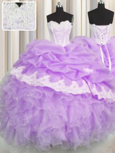 Attractive Lilac Lace Up Sweetheart Beading and Appliques and Ruffles and Pick Ups Quince Ball Gowns Organza Sleeveless