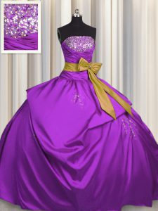 Purple Strapless Neckline Beading and Bowknot Ball Gown Prom Dress Sleeveless Lace Up