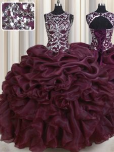 Designer Scoop See Through Beading and Pick Ups Sweet 16 Dresses Burgundy Lace Up Sleeveless Floor Length