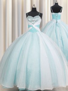 Aqua Blue Ball Gowns Organza Spaghetti Straps Sleeveless Beading and Ruching Floor Length Lace Up Quinceanera Dresses