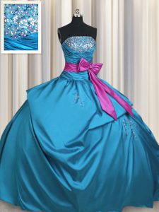 Teal Taffeta Lace Up Strapless Sleeveless Floor Length Quinceanera Dresses Beading and Ruching and Bowknot
