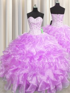 Modern Visible Boning Zipper Up Sleeveless Organza Floor Length Zipper 15th Birthday Dress in Lilac with Beading and Ruffles