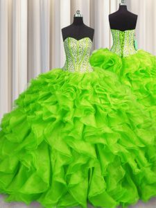 Visible Boning Sleeveless Beading and Ruffles Floor Length Quinceanera Gown