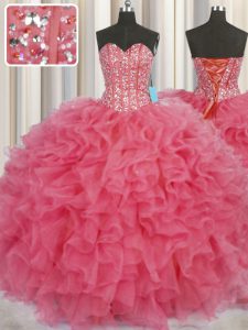 Comfortable Visible Boning Sweetheart Sleeveless Quinceanera Dresses Floor Length Beading and Ruffles Coral Red Organza
