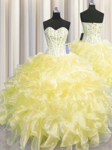 Eye-catching Visible Boning Zipper Up Light Yellow Ball Gowns Sweetheart Sleeveless Organza Floor Length Zipper Beading and Ruffles Quinceanera Dress