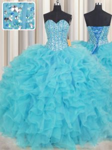 Edgy Visible Boning Baby Blue Sweetheart Lace Up Beading and Ruffles 15 Quinceanera Dress Sleeveless