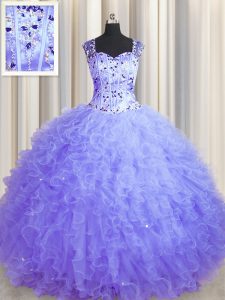 See Through Zipper Up Floor Length Lavender Quince Ball Gowns Square Sleeveless Zipper