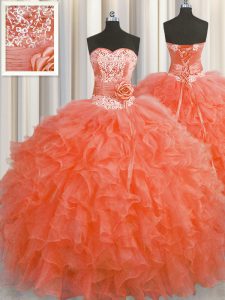 Colorful Handcrafted Flower Red Organza Lace Up Sweet 16 Dress Sleeveless Floor Length Beading and Ruffles and Hand Made Flower