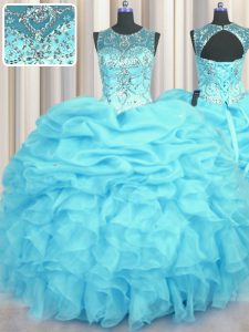 Ideal Scoop See Through Sleeveless Lace Up Floor Length Beading and Ruffles and Pick Ups Vestidos de Quinceanera