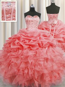 Beautiful Visible Boning Sweetheart Sleeveless Quinceanera Gown Floor Length Beading and Ruffles and Pick Ups Watermelon Red Organza
