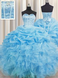 Fabulous Visible Boning Floor Length Baby Blue 15th Birthday Dress Organza Sleeveless Beading and Ruffles and Pick Ups