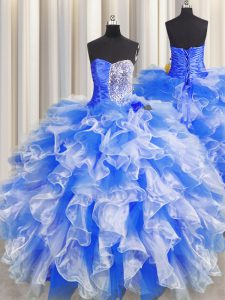 Top Selling Floor Length Blue And White 15th Birthday Dress Organza Sleeveless Beading and Ruffles and Ruching