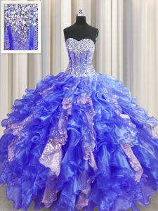 Dazzling Sequins Visible Boning Sweetheart Sleeveless Lace Up Sweet 16 Dresses Royal Blue Organza and Sequined