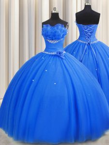 Wonderful Handcrafted Flower Blue Lace Up Strapless Beading and Sequins and Hand Made Flower 15th Birthday Dress Tulle Sleeveless