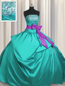 Clearance Sleeveless Taffeta Floor Length Lace Up Quinceanera Gown in Turquoise with Beading and Ruching and Bowknot