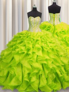 Visible Boning Yellow Green Ball Gowns Sweetheart Sleeveless Organza Floor Length Lace Up Beading and Ruffles Quinceanera Dress