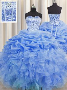 Modest Visible Boning Blue Organza Lace Up Quinceanera Dresses Sleeveless Floor Length Beading and Ruffles and Pick Ups