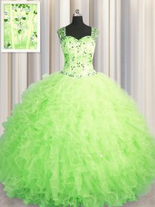 Best Selling See Through Zipper Up Green Zipper Straps Beading and Ruffles Court Dresses for Sweet 16 Tulle Sleeveless
