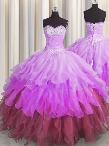 Sleeveless Floor Length Beading and Ruffles and Ruffled Layers and Pick Ups Lace Up Quince Ball Gowns with Multi-color