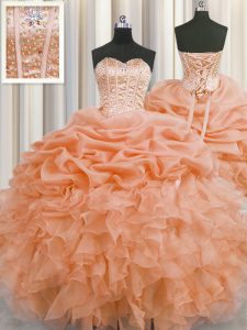Unique Visible Boning Orange Sleeveless Floor Length Beading and Ruffles and Pick Ups Lace Up Sweet 16 Quinceanera Dress