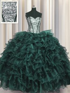 Discount Visible Boning Peacock Green Lace Up Vestidos de Quinceanera Ruffles and Sequins Sleeveless Floor Length