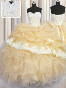 Flirting Floor Length Lace Up Quinceanera Dress Gold for Military Ball and Sweet 16 and Quinceanera with Beading and Appliques and Ruffles and Pick Ups