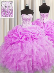Custom Made Visible Boning Organza Sweetheart Sleeveless Lace Up Beading and Ruffles and Pick Ups 15 Quinceanera Dress in Lilac
