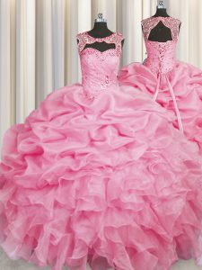 Scoop Rose Pink Ball Gowns Beading and Pick Ups Vestidos de Quinceanera Lace Up Organza Sleeveless Floor Length