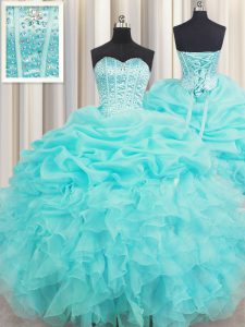 Inexpensive Visible Boning Sleeveless Lace Up Floor Length Beading and Ruffles and Pick Ups Ball Gown Prom Dress