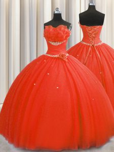 Suitable Handcrafted Flower Strapless Sleeveless Vestidos de Quinceanera Floor Length Beading and Sequins and Hand Made Flower Coral Red Tulle