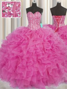 Modern Visible Boning Ball Gowns Quince Ball Gowns Hot Pink Sweetheart Organza Sleeveless Floor Length Lace Up