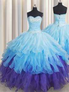 Top Selling Sequins Ruffled Sweetheart Sleeveless Lace Up 15th Birthday Dress Multi-color Organza