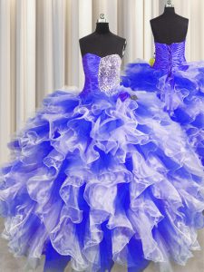 Pretty Blue And White Sleeveless Beading and Ruffles and Ruching Floor Length 15 Quinceanera Dress