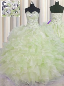 Inexpensive Yellow Green Lace Up 15 Quinceanera Dress Beading and Ruffles Sleeveless Floor Length