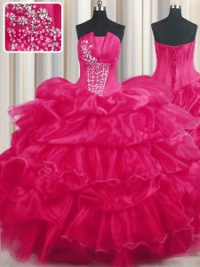 Discount Pick Ups Ruffled Ball Gowns Quinceanera Gown Hot Pink Strapless Organza Sleeveless Floor Length Lace Up
