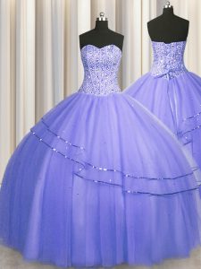 Visible Boning Puffy Skirt Purple Sleeveless Beading Floor Length Quince Ball Gowns