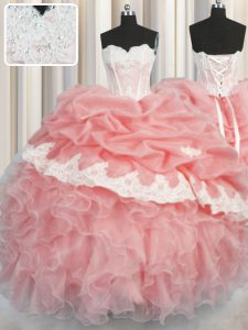 Watermelon Red and Baby Pink Sweetheart Neckline Appliques and Ruffles and Pick Ups 15th Birthday Dress Sleeveless Lace Up