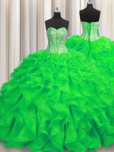 Fine Visible Boning Sleeveless Beading and Ruffles Lace Up Quinceanera Dresses with Green Brush Train