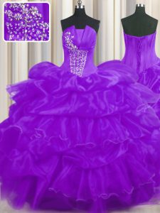 Great Purple Ball Gowns Beading and Ruffled Layers and Pick Ups 15 Quinceanera Dress Lace Up Organza Sleeveless Floor Length