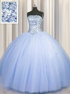 Big Puffy Floor Length Lace Up Ball Gown Prom Dress Blue for Military Ball and Sweet 16 and Quinceanera with Beading and Sequins