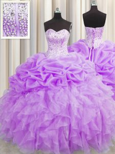 Visible Boning Purple Sleeveless Beading and Ruffles and Pick Ups Floor Length Quinceanera Gowns