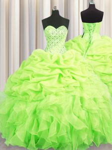 Customized Yellow Green Ball Gowns Sweetheart Sleeveless Organza Floor Length Lace Up Beading and Ruffles and Pick Ups 15 Quinceanera Dress