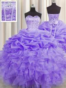 Pick Ups Visible Boning Floor Length Lavender Sweet 16 Dress Sweetheart Sleeveless Lace Up